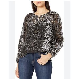 NYDJ Black Sheer Velvet Burnout Flocked Split-Neck Top Women’s Size Medium